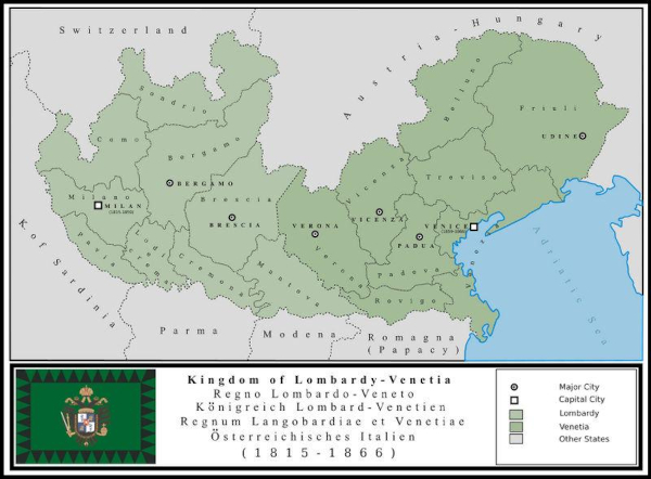 Карта Ломбардо-Венецианского королевства, образовавшегося после падения Королевства Италия в 1814 году